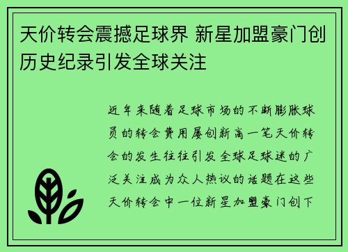 天价转会震撼足球界 新星加盟豪门创历史纪录引发全球关注