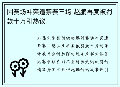 因赛场冲突遭禁赛三场 赵鹏再度被罚款十万引热议